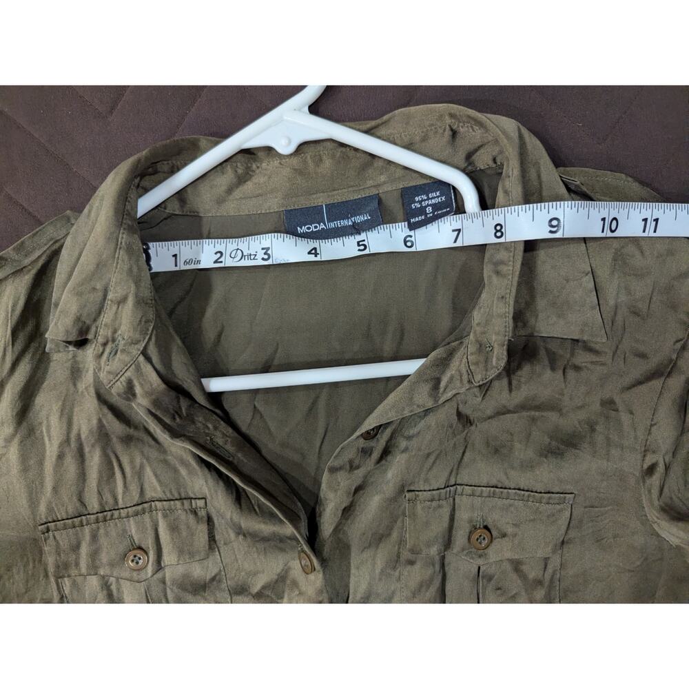Moda International size S long sleeve collared 100% silk olive green midi dress - Picture 6 of 9